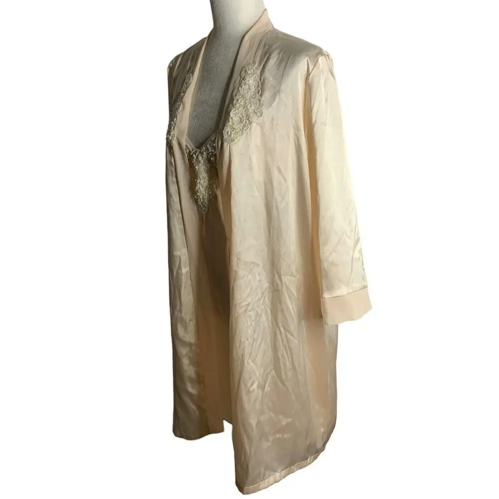 Vintage Beaded Satin Peignoir Set M Pink Half Robe Sweetheart Adjustable Straps